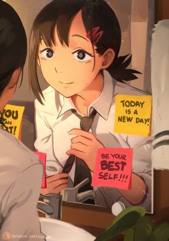 1girl absurdres adjusting_clothes adjusting_necktie black_eyes black_hair black_necktie chainsaw_man collared_shirt commentary english_commentary english_text hair_ornament hairclip higashiyama_kobeni highres khyle. mirror mole necktie reflection shirt smile solo watermark web_address