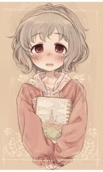 Rule 34 | 1girl, 7010, antenna hair, blush, brown background, brown eyes, collarbone, cropped torso, grey hair, hairband, hood, hood down, hoodie, idolmaster, idolmaster cinderella girls, idolmaster cinderella girls starlight stage, long sleeves, looking at viewer, mole, mole under eye, narumiya yume, no nose, open mouth, pink hairband, red hoodie, short hair, sketchbook, smile, solo, upper body