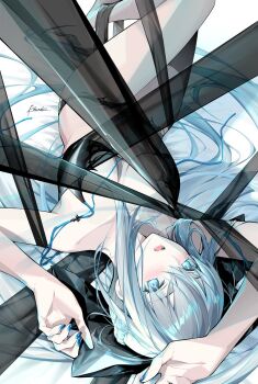 Rule 34 | 1girl, black bra, black panties, blue eyes, blush, bow, bra, braid, breasts, commentary request, fate/grand order, fate (series), grey hair, hair bow, half up braid, highres, kousaki rui, large breasts, long hair, long sleeves, looking at viewer, morgan le fay (fate), open mouth, original, panties, ponytail, sidelocks, solo, underwear, very long hair, white hair