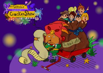 animal_hat child colorful cookie copyright_logo cracker_(the_witchs_fabulous_cracker_show) food green_jacket hat highres in_container in_sack jacket knusperhaus list logo musical_note non-web_source official_art red_hat sack sack_behind_back simple_background spoken_musical_note star_(symbol) the_witchs_fabulous_cracker_show toy_wagon