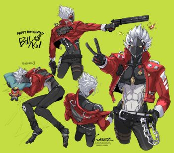 1boy absurdres artist_name barefoot belt billy_kid black_pants blush chain character_name clothed_robot commentary_request cropped_legs dual_wielding from_behind full_body green_background gun hand_on_own_hip happy_birthday hat head_on_pillow highres holding holding_gun holding_weapon humanoid_robot jacket lying male_focus multiple_views on_side open_clothes outstretched_arm pants party_hat pillow pouch red_jacket robot robot_boy sheriff_badge star_(symbol) stuffed_toy thigh_pouch undressing v weapon west_(west24_draw) white_hair yellow_eyes zenless_zone_zero