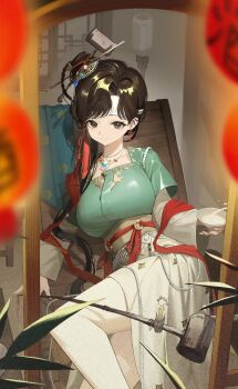 1girl absurdres bamboo bare_legs black_eyes black_hair blurry blurry_foreground breasts chinese_clothes chinese_hairpin cropped cup dangoose dipper feet_out_of_frame from_above from_outside green_shirt hair_bun hair_ornament hanfu highres holding holding_cup holding_spoon jewelry jiu_niangzi lantern large_breasts lattice layered_sleeves liquid long_hair long_sleeves looking_at_viewer lying necklace on_side paper_lantern red_shawl reverse:1999 shawl shirt short_over_long_sleeves short_sleeves single_side_bun skirt smile solo spoon statuette tassel tassel_hair_ornament underbust white_sleeves window yellow_skirt