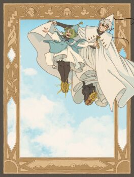 1boy 1girl age_difference black_leggings boots brown_boots brushbuddy cloud cloudy_sky excited flying glasses green_hair hat hat_tassel highres leggings magic nakialli open_mouth picture_frame qifrey&#039;s_atelier_apprentice_uniform qifrey_(tongari_boushi_no_atelier) short_hair sigil sky teacher teacher_and_student teeth tongari_boushi_no_atelier upper_teeth_only white_hair