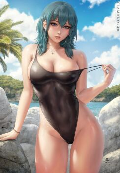 1girl black_one-piece_swimsuit blue_hair breasts female_byleth_(fire_emblem) cleavage covered_navel curvy earrings fire_emblem fire_emblem:_three_houses highleg highleg_one-piece_swimsuit highres hoop_earrings jewelry lake large_breasts necklace nintendo one-piece_swimsuit sciamano240 solo strap_pull summer swimsuit thigh_gap thighs wide_hips