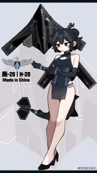 Rule 34 | 1girl, aircraft, airplane, artist name, black hair, black panties, black shoes, bomber, china dress, chinese clothes, commentary request, covered navel, double bun, dragon girl, dragon horns, dress, elbow gloves, english text, gloves, hair bun, high heels, highres, horns, mecha musume, military vehicle, original, panties, panty straps, pckcool, pelvic curtain, people's liberation army, people's liberation army air force, red eyes, shoes, sweatdrop, tail, underwear, wings, xi'an h-20