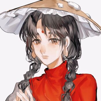 1girl ajirogasa bindi black_hair braid brown_eyes brown_hat capelet dress frilled_hat frills grey_dress hat heinrich_(fernanderuddle) highres long_earlobes long_hair red_capelet sketch snow touhou twin_braids white_background yatadera_narumi