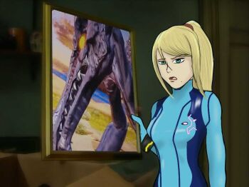 1girl 3d alien aqua_bodysuit arm_at_side artist_request blonde_hair blue_eyes bodysuit bracelet breasts clenched_hand collarbone dragon hair_between_eyes hand_up holding indoors it's_always_sunny_in_philadelphia jewelry large_breasts long_hair looking_at_viewer meme metroid mole mole_under_mouth monster neck nintendo open_mouth painting_(object) parody ponytail print_bodysuit profile ridley samus_aran screenshot_inset side_bangs sidelocks skin_tight smug source_request standing super_smash_bros. zero_suit