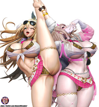 2girls 3d animal_print anom3dsculptor areola_slip ass barbariana_(last_origin) barbariana_(last_origin)_(cosplay) barbariana_(naughty_gal_barbariana-san)_(last_origin) barbariana_(naughty_gal_barbariana-san)_(last_origin)_(cosplay) belt bikini blonde_hair breasts buckle cellphone choker cleavage collar cosplay ear_piercing earrings goddess_of_victory:_nikke gyaru heart heart-shaped_buckle highleg highleg_panties highres holding holding_phone huge_breasts jacket jewelry last_origin leg_up leopard_print long_hair microskirt miniskirt multiple_girls navel navel_piercing one_eye_closed open_clothes open_jacket open_mouth panties phone piercing rupee_(nikke) school_uniform shirt skirt sunglasses swimsuit thigh_strap tongue tongue_out tongue_piercing underwear very_long_hair viper_(nikke) wink