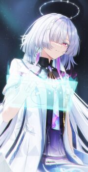 1girl breasts chromatic_aberration closed_mouth colored_eyelashes commentary dress earrings grey_hair hair_intakes hair_ornament hair_over_one_eye halo highres holographic_interface id_card jacket jewelry long_hair looking_at_viewer mornye_(wuthering_waves) purple_dress red_eyes rin0_(gujrv) small_breasts solo triangle_earrings white_jacket wuthering_waves