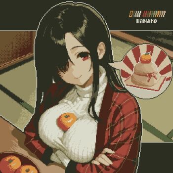 1girl black_hair commentary_request crossed_arms food_on_body food_on_breasts hair_over_eyes head_tilt highres long_hair one_eye_covered original pixel_art plaid_clothes plaid_sweater red_eyes smile solo specialhanako sweater turtleneck turtleneck_sweater white_sweater