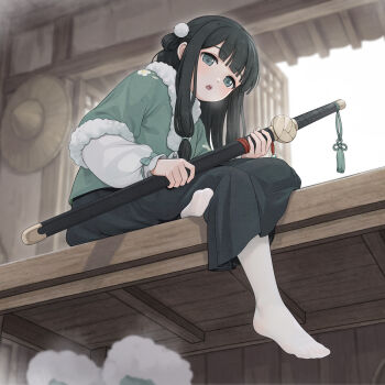 1girl black_hair black_skirt blurry blurry_background commentary commentary_request day depth_of_field full_body grey_eyes highres holding holding_sheath long_hair no_shoes open_mouth original pantyhose sheath sheathed shiro_piazi sitting skirt solo sunlight sword symbol-only_commentary very_long_hair weapon white_pantyhose