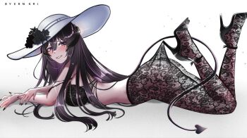 1girl artist_name black_bra black_hair black_horns black_nails bra breasts constance_(honkai:_star_rail) demon_horns demon_tail ern_kri fake_nails fishnet_pantyhose fishnets hashtag-only_commentary hat high_heels highres honkai:_star_rail honkai_(series) horns large_breasts long_hair looking_at_viewer lying mole mole_under_eye on_stomach pantyhose purple_eyes simple_background smile solo tail underwear very_long_hair white_background white_hat