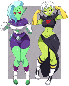 2girls absurdres abysswatchers breasts cheelai colored_skin dragon_ball dragon_ball_super green_skin highres large_breasts legs long_legs lord_dominator medium_breasts multiple_girls sexually_suggestive short_hair shorts white_background white_hair