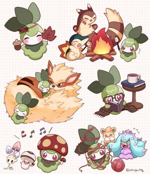 ^_^ acorn animal_focus arcanine blue_eyes blush book brown_fur brown_scarf campfire closed_eyes coffee colored_sclera colored_skin commentary_request cyndaquil fangs food foongus furret gen_1_pokemon gen_2_pokemon gen_5_pokemon gen_7_pokemon glasses green_skin grid_background highres leaf maple_leaf mareanie marshmallow mochopaccho morelull multiple_views mushroom musical_note nintendo no_humans o_o one_eye_closed open_mouth pawmi petilil pokemon pokemon_(creature) reading scarf sitting sleeping spikes tail two-tone_fur white_fur yarn yellow_sclera