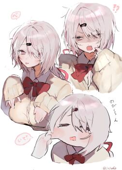 !? 1other angry breasts closed_eyes hand_on_another&#039;s_cheek hand_on_another&#039;s_face hashtag-only_commentary highres inusaka large_breasts multiple_views nijisanji one_eye_covered open_mouth red_eyes ribbon shiina_yuika short_hair smile sweater tears tongue tongue_out translation_request virtual_youtuber white_background white_hair