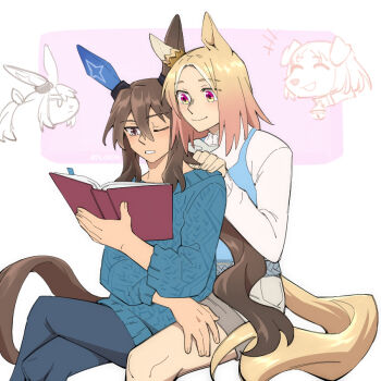 +++ 2girls ^_^ admire_vega_(casual)_(umamusume) admire_vega_(umamusume) animal_ears animalization blonde_hair blue_pants blue_sweater book brown_hair closed_eyes closed_mouth crossed_legs dlanon dog double-parted_bangs ear_covers grey_shorts hair_between_eyes hand_on_another's_shoulder hand_on_another's_thigh holding holding_book horse_ears horse_girl horse_tail long_hair medium_hair multiple_girls narita_top_road_(casual)_(umamusume) narita_top_road_(umamusume) one_eye_closed pants parted_bangs person_and_animalization purple_eyes rabbit reading recursive_animalization shirt shorts single_ear_cover sitting smile sweater tail umamusume white_shirt yuri