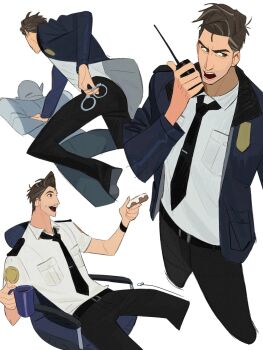 1boy 2boys alternate_universe arm_up belt belt_buckle black_belt black_pants blue_jacket breast_pocket brown_hair buckle chair coffee_mug collared_shirt commentary cropped_legs cuffs cup dingnin98201637 donut food grey_hair handcuffs highres holding holding_cup holding_donut holding_food holding_handcuffs holding_walkie-talkie jacket long_sleeves male_focus marvel mug multicolored_hair multiple_boys multiple_views pants peter_b_parker pocket police shirt simple_background sitting spider-man:_across_the_spider-verse spider-man_(series) spider-verse streaked_hair symbol-only_commentary walkie-talkie white_background white_shirt wing_collar