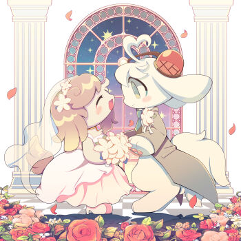 1boy 1girl ahoge animal_ears animal_feet animal_hands artist_self-insert babichao bayachao blush bottomless bridal_veil chibikemo closed_eyes coat commentary_request couple digitigrade dog_ears dog_tail dress flower from_side furry furry_female furry_male furry_with_furry happy heart heart_ahoge hetero highres husband_and_wife indoors makemon! official_art pawpads pochi_(makemon!) rose smile tail veil wedding wedding_dress