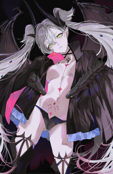 1girl absurdres black_hands black_jacket boots breasts candy colored_extremities commentary_request demon_wings fate/grand_order fate_(series) food gluteal_fold green_eyes highres holding holding_candy holding_food holding_lollipop horns jacket lilith_(fate) lilith_(second_ascension)_(fate) lollipop long_hair looking_at_viewer navel pointy_ears pubic_tattoo solo tattoo thigh_boots twintails white_hair wings yurumawari