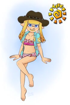 absurdres bikini blonde_hair blue_eyes collared_shirt cowboy_hat hat highres inkling inkling_girl inkling_player_character mario_(series) nintendo shine_sprite shirt splatoon_(series) splatoon_3 starletheaven super_mario_sunshine swimsuit user_interface