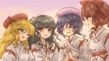 4girls :d beret black_hair blonde_hair blonde_shrine_maiden_from_a_future_era_(touhou) bow brown_hair closed_eyes commentary_request detached_sleeves girl_who_trained_on_mt._haku_(touhou) hair_bow hair_ribbon hakama hakama_skirt happy hat hourai_girl_(touhou) japanese_clothes kimono long_hair long_sleeves medium_hair mika_(alquermes) miko moonlight&#039;s_anti-soul_(touhou) multiple_girls open_mouth ponytail portrait_of_exotic_girls purple_hair red_bow red_eyes red_hair red_hat red_ribbon red_skirt ribbon sash short_hair side_ponytail skirt smile touhou trigram very_long_hair white_hat white_kimono white_ribbon white_sleeves wide_sleeves yellow_eyes