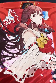 Rule 34 | 1girl, absurdres, ascot, bare shoulders, bow, breasts, brown eyes, brown hair, closed mouth, collared shirt, detached sleeves, frilled bow, frilled hair tubes, frilled shirt collar, frills, hair bow, hair tubes, hakurei reimu, highres, long hair, looking at viewer, outdoors, rayla (rayla illust), red bow, red ribbon, red shirt, red skirt, ribbon, ribbon-trimmed sleeves, ribbon trim, shirt, skirt, sleeveless, sleeveless shirt, small breasts, solo, torii, touhou, very long hair, yellow ascot