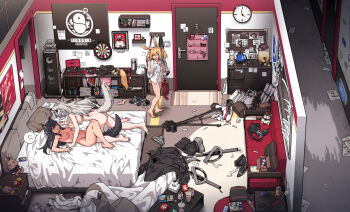 1futa 2girls absurdly_detailed_composition absurdres anger_vein animal_ears arknights ass bag bean_bag_chair bed black_footwear black_hair black_jacket black_shorts blonde_hair boots bottle box bra breasts brown_bag bulletin_board camera can cardboard_box character_doll chest_of_drawers clenched_teeth clock closed_eyes couch cushion dartboard doll door doorway dressing drinking_straw electrical_outlet elite_ii_(arknights) emperor_(arknights) exusiai_(arknights) futa_with_female futanari girl_on_top grey_hair grey_panties hair_ornament hairclip hallway handbag hanging_breasts highres jacket kataokasan kettle lappland_(arknights) loaded_interior long_hair medium_breasts multiple_girls naked_shirt nintendo_switch nintendo_switch_pro_controller nipples panties penguin_logistics_logo phonograph pink_bra pitcher_(container) rabbit_ears rabbit_girl rabbit_tail scroll shirt short_hair shorts sidelocks small_breasts snack sora_(arknights) sora_(elite_ii)_(arknights) speaker spoken_anger_vein stuffed_animal stuffed_rabbit stuffed_toy sweatdrop sword tail teeth texas_(arknights) trash_can tripod twintails underwear unworn_boots unworn_bra unworn_jacket unworn_panties unworn_shorts vinyl_record wall_clock weapon window window_blinds wire wolf_ears wolf_girl wolf_tail