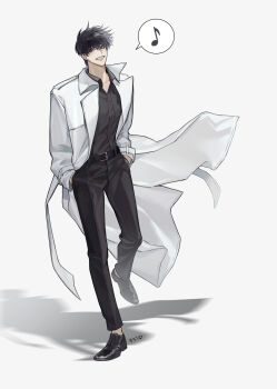 1boy absurdres black_hair black_shirt coat collared_shirt grin hands_in_pockets highres kim_dokja looking_at_viewer male_focus musical_note omniscient_reader&#039;s_viewpoint open_clothes open_coat popped_collar shirt short_hair smile solo spoken_musical_note standing standing_on_one_leg stella_37 white_coat