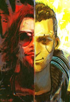 2boys black_hair close-up cyberpunk cyberpunk_(series) cyberpunk_2077 highres johnny_silverhand l1m3candy male_focus multiple_boys portrait red_theme short_hair smile split_screen split_theme sunglasses v_(cyberpunk) vincent_(cyberpunk) yellow_theme