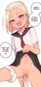 1boy 1girl assertive_female black_sailor_collar black_skirt blonde_hair brat bratty cleft_of_venus clothed_sex clothes_lift collarbone commentary ear_piercing earrings english_text erection fang femdom foreskin girl_on_top half-closed_eyes heart hetero highres hoop_earrings jewelry lifting_own_clothes loli lolidom looking_at_viewer mole mole_on_body mole_under_eye multicolored_hair navel nona_(yeun) open_mouth original panties panties_around_leg penis piercing pink_hair pleated_skirt pov purple_eyes pussy sailor_collar school_uniform shirt short_sleeves shota simple_background skirt skirt_lift smalldom smaller_dominant smug solo_focus speech_bubble spoken_heart spread_legs tagme tan tanline trembling uncensored underwear white_panties white_shirt yeun