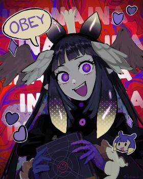 1girl absurdres black_dress blunt_bangs commentary crown dress english_commentary feathered_wings head_wings highres hololive hololive_english juliet_sleeves liimonchi long_hair long_sleeves looking_at_viewer ninomae_ina'nis open_mouth puffy_sleeves purple_eyes purple_hair purple_hands tako_takover_(ninomae_ina'nis) teeth tentacle_hair upper_body upper_teeth_only virtual_youtuber white_wings wings