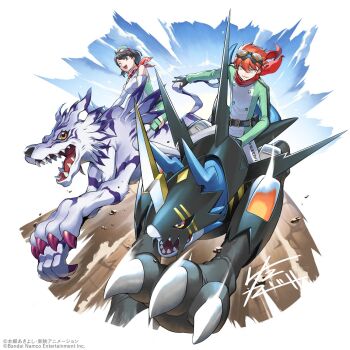 1boy 1girl armor bare_shoulders black_armor black_eyes black_hair breasts digimon digimon_story:_time_stranger dragon dress elbow_gloves garurumon gloves green_dress green_jacket highres jacket lighdramon official_art one_eye_closed pants red_hair red_scarf release_celebration riding scarf second-party_source sharp_teeth short_hair teeth thighhighs tonami_kanji white_dress white_gloves white_jacket white_pants white_thighhighs wolf yellow_eyes yuuki_dan yuuki_kanan