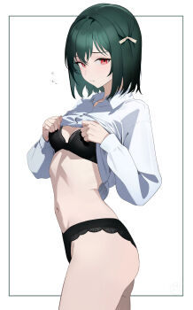 1girl absurdres black_bra black_panties blush bob_cut bra breasts candy_man closed_mouth clothes_lift commentary fang flying_sweatdrops green_hair hair_ribbon highres lifting_own_clothes long_sleeves looking_at_viewer love_live! love_live!_nijigasaki_high_school_idol_club mifune_shioriko navel panties red_eyes ribbon shirt shirt_lift short_hair simple_background small_breasts solo underwear white_background white_shirt