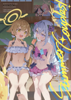 Rule 34 | 4girls, :d, azusa (blue archive), azusa (swimsuit) (blue archive), bare arms, bare shoulders, barefoot, bikini, blue archive, breasts, brown eyes, brown hair, collarbone, commentary request, eating, flower, food, frills, grey hair, hair between eyes, hair flower, hair ornament, halo, hanako (blue archive), hanako (swimsuit) (blue archive), hifumi (blue archive), hifumi (swimsuit) (blue archive), highres, holding, holding food, holding popsicle, knees, koharu (blue archive), koharu (swimsuit) (blue archive), long hair, looking at viewer, make-up work club (blue archive), misekiss, multiple girls, navel, official alternate costume, open mouth, popsicle, purple eyes, ribbon-trimmed bikini, ribbon trim, ruffle bikini, sitting, small breasts, smile, stomach, swimsuit, teeth, thighs, upper teeth only, very long hair, white bikini, yellow halo