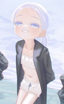 1girl absurdres arms_behind_back bloomers blue_eyes bra captaintcher coat flat_chest highres long_hair looking_at_viewer navel open_clothes open_coat original outdoors ponytail sketch smile solo underwear white_bloomers white_bra white_hair