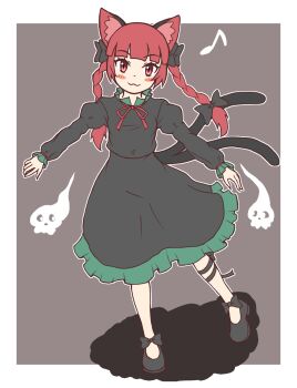 1girl :3 animal_ears black_bow black_ribbon black_shirt black_shoes black_skirt blush bow braid cat_ears cat_girl cat_tail closed_mouth commentary footwear_bow full_body grey_background hair_bow highres hitodama juliet_sleeves jyujyu_25 kaenbyou_rin leg_ribbon long_hair long_sleeves looking_at_viewer multiple_tails musical_note outline puffy_sleeves red_eyes red_hair ribbon shirt shoes side_braids simple_background skirt solo tail touhou twin_braids two_tails white_outline
