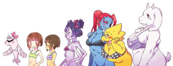 6+girls alphys arthropod_girl bikini bikini_top_only blue_skin breasts chara_(undertale) cleavage colored_skin extra_arms extra_eyes eyepatch frilled_bikini frills frisk_(undertale) furry glasses insect_girl monster_girl muffet multiple_girls short_hair spider_girl swimsuit toriel tsunderplane undertale undyne utdr_(toby_fox)