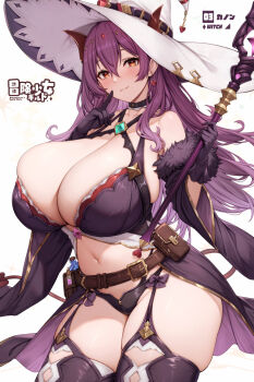 1girl :3 belt black_bra black_cape black_garter_straps black_gloves black_pantyhose black_thighhighs bra breasts cape cleavage closed_mouth commentary_request curvy detached_sleeves garter_straps gloves hair_between_eyes hat highres holding holding_staff huge_breasts kannko_bokujou long_hair mage_staff navel original pantyhose purple_eyes purple_hair sidelocks simple_background smile solo staff thighhighs thighs underwear white_background witch_hat