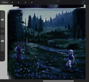 1girl 2boys adventure_time art_program_in_frame betty_grof black_hair black_vest boots brown_hair brown_vest coeurdeluciole dual_persona forest full_body green_jacket hands_on_own_hips highres hill ice_king jacket looking_at_another mullet multiple_boys nature outdoors screencap shirt short_hair simon_petrikov tree vest walking white_hair white_shirt