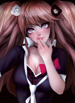 1girl arm_up bear_hair_ornament black_background black_choker black_neckwear black_skirt blonde_hair blue_eyes blush bow bowtie breasts button choker cleavage collarbone collared_shirt covering_own_mouth danganronpa:_trigger_happy_havoc danganronpa_(series) enoshima_junko eyebrows_hidden_by_hair fake_nails fingernails hair_ornament hand_over_own_mouth hand_up lace lace_choker long_eyelashes long_hair looking_at_viewer nail_polish necktie neckwear_request nose pink_lips pink_nails red_bow shiny_skin shirt simple_background skirt smile twintails upper_body white_neckwear zorafi