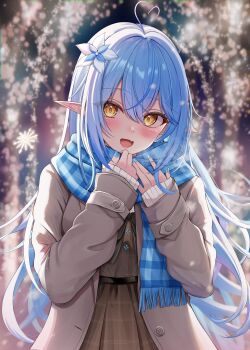 1girl 7nopi absurdres ahoge blue_hair blue_nails blue_scarf blurry blurry_background brown_coat brown_dress christmas coat commentary_request crossed_bangs double-parted_bangs dress elf flower hair_between_eyes hair_flower hair_ornament hands_up heart heart_ahoge highres hololive long_hair looking_at_viewer multicolored_hair nail_polish official_alternate_costume open_mouth outdoors plaid_clothes plaid_dress pointy_ears scarf sleeves_past_wrists snowflakes solo straight-on streaked_hair upper_body very_long_hair virtual_youtuber yellow_eyes yukihana_lamy yukihana_lamy_(casual)