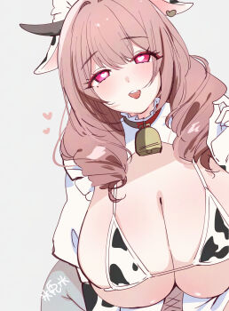 ama_natsuko animal_ears animal_print aroused azur_lane bell bikini blush breasts brown_hair cleavage commentary_request cow_ears cow_horns cow_print cow_print_bikini cowbell cowpens_(azur_lane) drill_hair gloves heart heart-shaped_pupils highres horns huge_breasts maid_headdress medium_hair mole mole_under_eye neck_bell official_alternate_costume pink_eyes print_bikini signature swimsuit symbol-shaped_pupils white_gloves