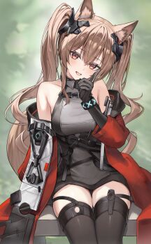 1girl :d absurdres angelina_(arknights) animal_ear_fluff animal_ears arknights arknights:_endfield bare_shoulders black_dress black_gloves black_thighhighs blush bracelet breasts brown_hair coat commentary_request diamond-shaped_pupils diamond_(shape) dot_nose double-parted_bangs dress elbow_gloves fox_ears fox_girl fox_tail gilberta_(arknights) gloves hair_between_eyes highres impossible_clothes impossible_dress infection_monitor_(arknights) jewelry long_hair long_sleeves looking_at_viewer medium_breasts nagine off_shoulder open_clothes open_coat open_mouth outdoors pointing pointing_up red_coat red_eyes short_dress sitting sleeveless sleeveless_dress smile solo symbol-shaped_pupils tail tail_raised thighhighs twintails zettai_ryouiki