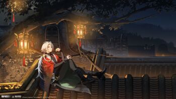 Rule 34 | 1boy, :t, absurdres, architecture, black boots, black pants, black shirt, blue eyes, boots, coat, copyright name, copyright notice, east asian architecture, eating, facial mark, forehead mark, from side, full body, heterochromia, highres, holding, lantern, logo, long hair, low ponytail, male focus, night, official art, official wallpaper, on roof, outdoors, pants, ponytail, red coat, shirt, sitting, sitting on roof, solo, tile roof, tree, white hair, wutong (xinyue tongxing), xinyue tongxing, yellow eyes