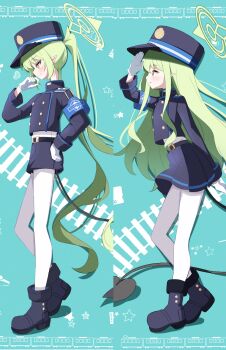 2girls arm_behind_back armband belt black_belt black_hat black_jacket black_shoes black_shorts black_skirt blue_archive blue_armband buttons demon_tail double-breasted flat_chest gloves green_hair green_halo halo hand_to_forehead hat highres hikari_(blue_archive) jacket long_hair looking_afar multiple_girls nozomi_(blue_archive) pantyhose peaked_cap pleated_skirt pointy_ears sasanoha_(sasanoha0712) shirt shoes shorts skirt standing tail train twintails very_long_hair white_gloves white_pantyhose white_shirt yellow_eyes