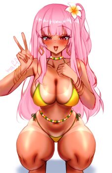 1girl alternate_costume bead_choker beads bikini blush bracelet brazil brazilian_flag brazilian_flag_bikini brazilian_flag_print brazilian_miku brazilian_miku_(cosplay) breasts cleavage cosplay curvy dark-skinned_female dark_skin earrings flag_print flag_print_bikini flower gold_bracelet hair_flower hair_ornament hatsune_miku highres hololive hololive_english jewelry large_breasts long_hair looking_at_viewer meowmaffura mori_calliope multiple_bracelets naughty_face navel open_mouth pink_eyes pink_hair print_bikini rectangular_earrings red_eyes shiny_skin side-tie_bikini_bottom simple_background smile solo squatting swimsuit tan tanline tanline_peek thong thong_bikini virtual_youtuber vocaloid white_background wide_hips