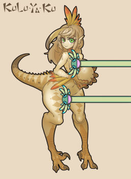 1girl :&gt; :d bar_censor bare_shoulders blue_eyes breasts brown_claws brown_hair brown_scales censored clawed_feet clawed_hands cleavage colored_skin commentary_request copyright_name diamond_(shape) egg feather_hair feathers fins green_eyes green_skin head_fins highres holding holding_egg korean_commentary kulu-ya-ku lizard_tail long_hair looking_at_viewer medium_breasts monster_girl monster_hunter:_world monster_hunter_(series) muhut multicolored_hair multicolored_skin navel open_mouth original personification reptile_girl smile solo stomach tail wide_hips wiggler_(monster_hunter) yellow_scales