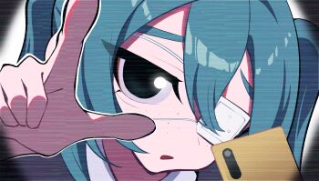 1girl black_eyes black_jacket blue_hair cellphone close-up collared_shirt eyepatch freckles hair_between_eyes hatsune_miku highres homake index_finger_raised jacket looking_at_viewer medical_eyepatch monitoring_(vocaloid) open_mouth outline phone pov_peephole reaching reaching_towards_viewer shirt smartphone solo static twintails vocaloid white_outline white_shirt