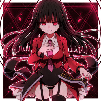 Rule 34 | 1girl, black hair, blunt bangs, breasts, commentary, demon girl, frills, garter straps, gold trim, jacket, long hair, looking at viewer, lucifer (umineko), necktie, pentagram, pink necktie, red eyes, red jacket, red vest, shirt, showgirl skirt, smile, solo, stakes of purgatory, symbol-only commentary, thighhighs, umibenokurage, umineko no naku koro ni, vest, white shirt