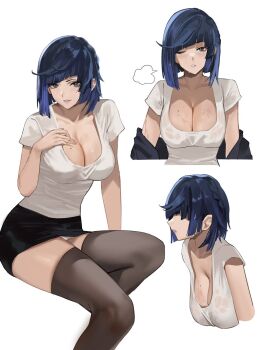 1girl black_hair black_skirt blue_hair bob_cut breasts cleavage diagonal_bangs earrings genshin_impact green_eyes highres j@ck jewelry large_breasts looking_at_viewer miniskirt mole mole_on_breast multicolored_hair pencil_skirt shirt short_hair skirt smile solo t-shirt thick_thighs thighs yelan_(genshin_impact)